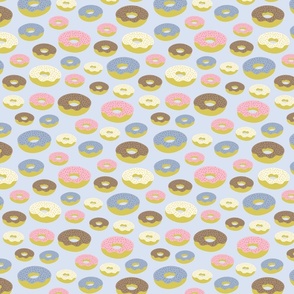 Pink, chocolate brown, white, blue doughnuts (donuts), blue background