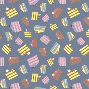 Chocolate brown, pink, yellow, sky blue cake slices, blue background