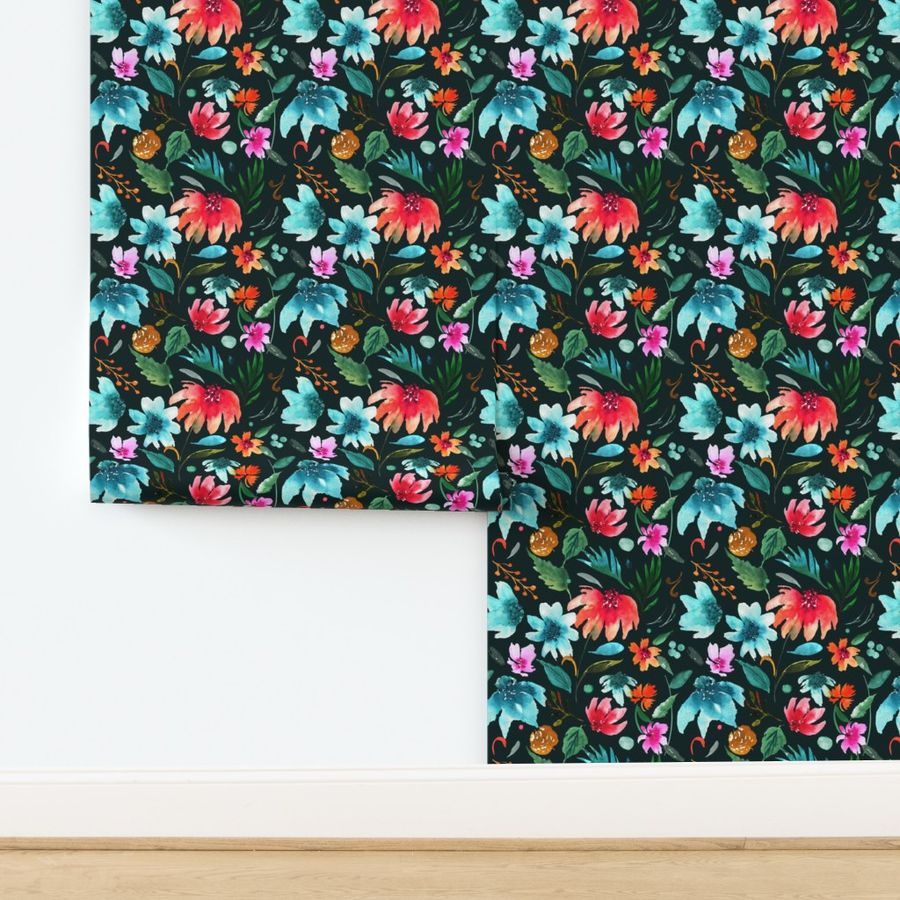 Cheerful Floral B on Med Teal 4.2x4.2 |Renee Davis 