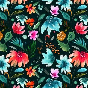 Cheerful Floral B on Med Teal 4.2x4.2 |Renee Davis 