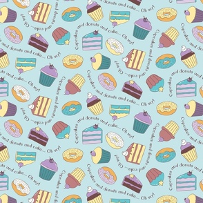 Cupcakes, cake slices, doughnuts, purple, yellow, teal, aqua blue, chocolate brown