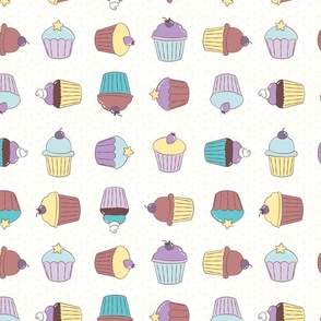  Cupcakes, lavender purple, vanilla yellow, chocolate brown, teal, aqua blue