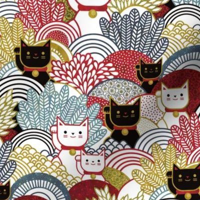 Manekineko  Cat- Japanese Lucky Cats Garden- Maneki Neko Good Luck Talisman- Dark Small- Red, Golden, Yellow and Black Small Scale- Face Mask