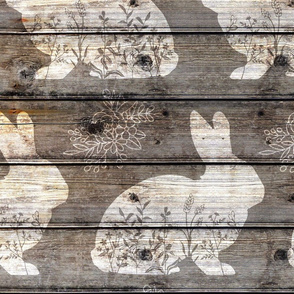 White Floral Bunnies on barn wood - large scale