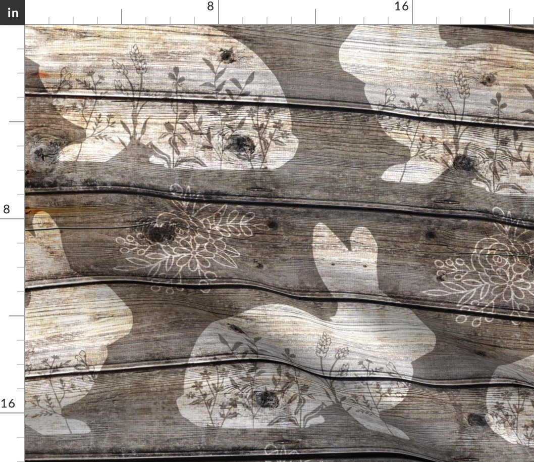 White Floral Bunnies on barn wood - large scale
