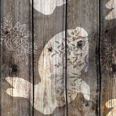 White Floral Bunnies on barn wood Rotated - large scale