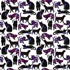 Watercolor Cats - Black Galaxy Pattern