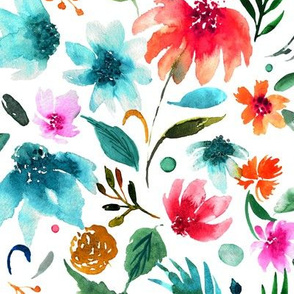 Cheerful Floral B |Watercolor Flowers Teal Pink|Renee Davis