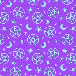 Pentagrams and Stars Mint Green on Purple