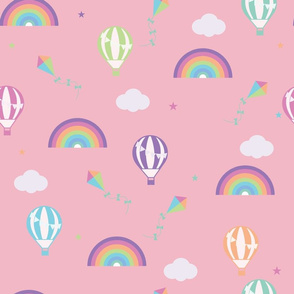 Pink with Rainbows and Multicoloured Hot Air Balloons