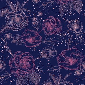 HAND DRAWN FLORALS PINK ON NAVY  by art for joy lesja saramakova gajdosikova design