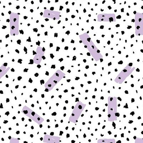 Wild Cheetah confetti dots and strokes boho nursery design black and white lilac purple