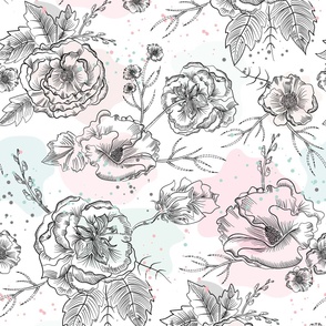 HAND DRAWN FLORALS PASTEL TONES large  by art for joy lesja saramakova gajdosikova design