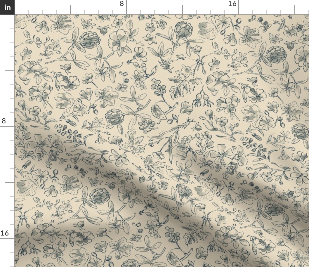 Floral Scatter Ink Wash Navy and Flax