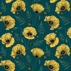 Yellow poppies and ladybugs on blue