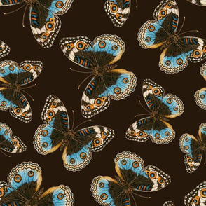 Blue Pansy Butterfly pattern on dark brown