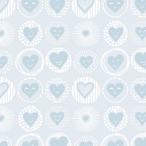 lots of love - monochrome pastel blue cute doodle heart faces