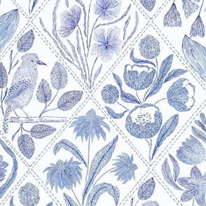 Blue florals and bird Toile de Jouy large scale