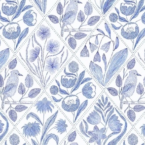 Blue florals and bird Toile de Jouy medium scale