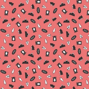 Cute bears, trees, and mountains tossed on a salmon pink background