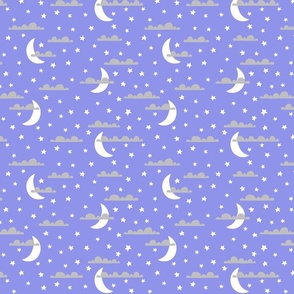 Night sky, gray clouds, white stars & moons, periwinkle blue background