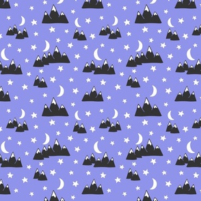 Simple mountains under stars and moon of night sky, periwinkle blue background