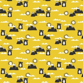 Cute bears in the sunny mountains & clounds, bright yellow background