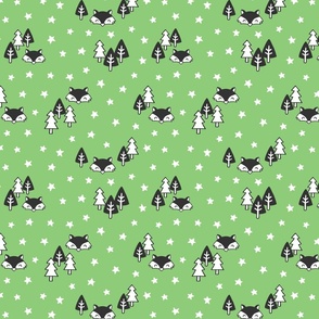 Cute foxes and trees under stars at night, bright green background
