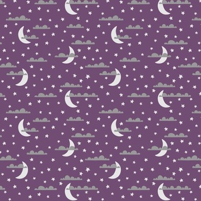 Night sky, gray clouds, white stars & moons, purple background