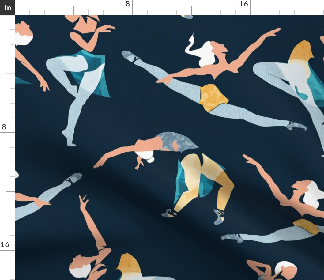 Large jumbo scale // Suspended Rhythm // navy blue background blue and yellow ballet dancers