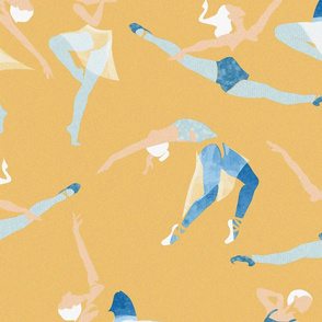 Large jumbo scale // Suspended Rhythm // yellow background blue and white ballet dancers