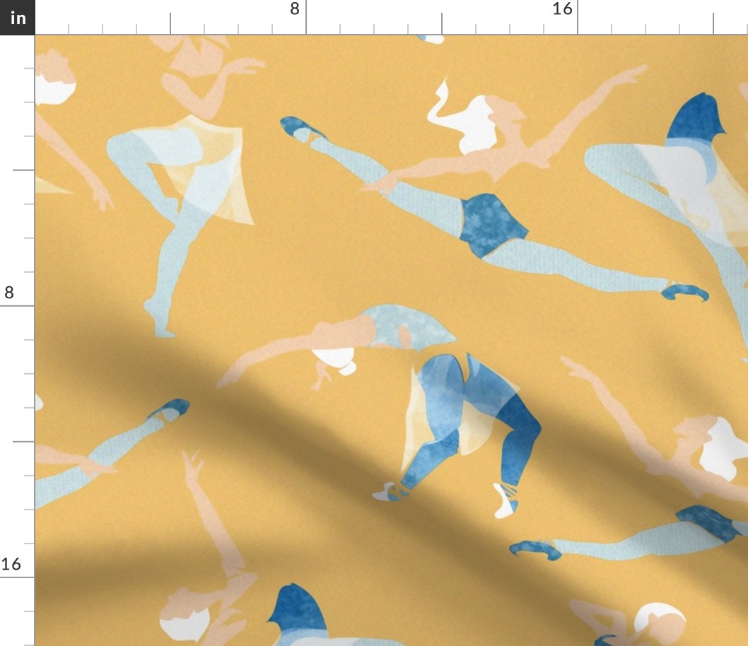 Large jumbo scale // Suspended Rhythm // yellow background blue and white ballet dancers