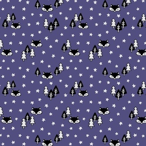 Cute foxes and trees under stars at night, evening blue background