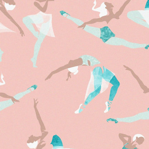 Large jumbo scale // Suspended Rhythm // pastel pink background teal and white ballet dancers