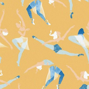 Small scale // Suspended Rhythm // yellow background blue and white ballet dancers