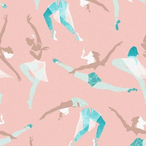 Small scale // Suspended Rhythm // pastel pink background teal and white ballet dancers