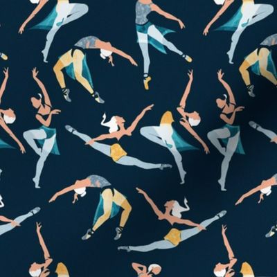 Tiny scale // Suspended Rhythm // navy blue background blue and yellow ballet dancers