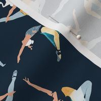 Tiny scale // Suspended Rhythm // navy blue background blue and yellow ballet dancers