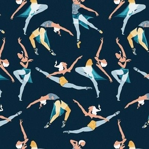 Tiny scale // Suspended Rhythm // navy blue background blue and yellow ballet dancers