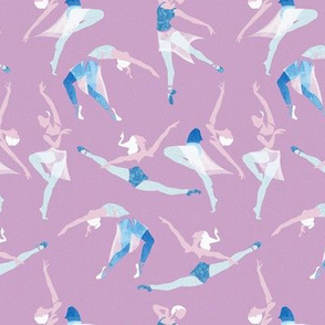 Tiny scale // Suspended Rhythm // purple lilac background blue and white ballet dancers