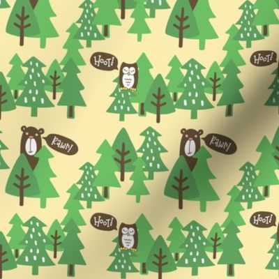 Cute Brown bears & owls in the green trees, yellow background