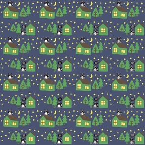 Cute racoon, green houses, & trees under stars at night, navy blue background