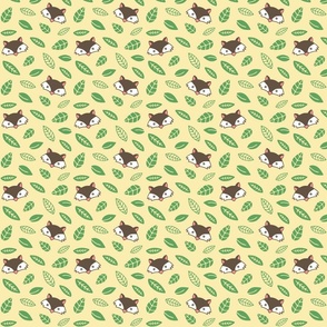 Cute brown foxes and green leaves on a yellow background
