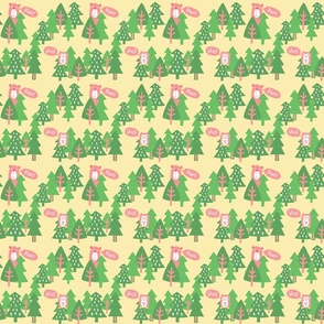 Cute pink bears & owls in the green trees, yellow background