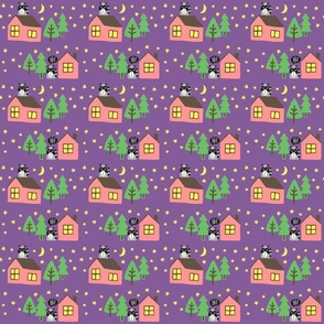 Cute racoon, pink houses, and green trees under stars at night, purple background