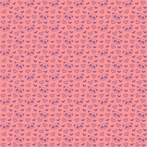 Cute purple pandas and hearts on a pink background