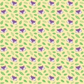 Cute purple foxes and green leaves on a yellow background