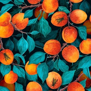 Apricot garden on dark blue, moody botanical watercolor