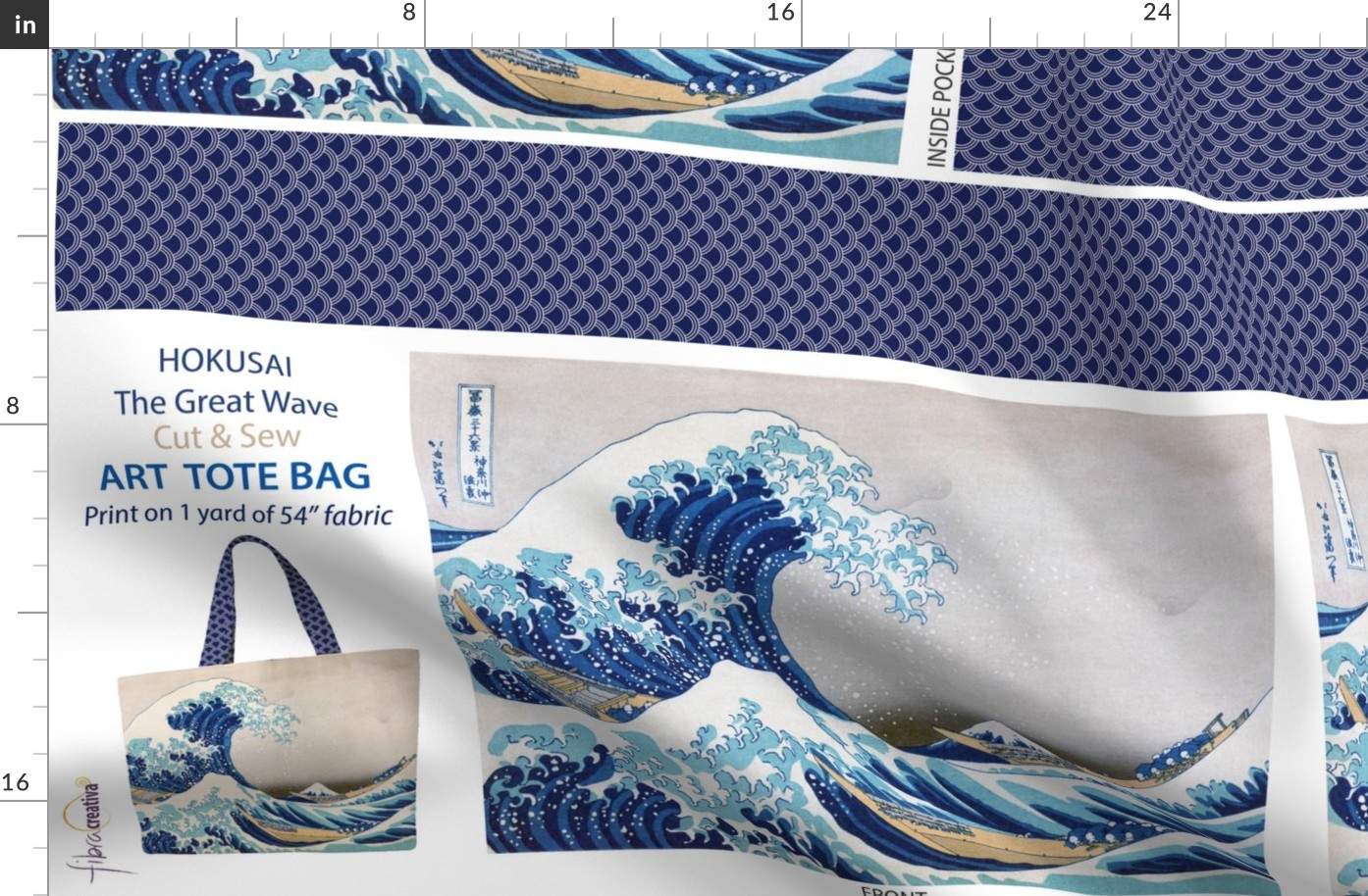 Hokusai Great Wave Tote Bag // 1 yard cut and sew panel