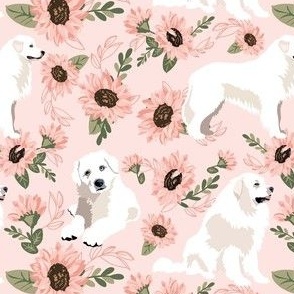 small scale //great pyrenees dog-pink sunflower on pink background